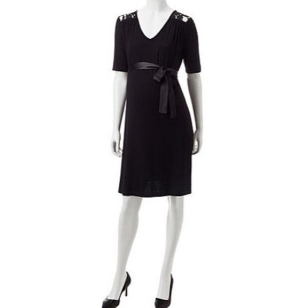 Three Seasons Black Maternity 3/4 Sleeve Back Lace & Belt Tie Women Dress Size S
